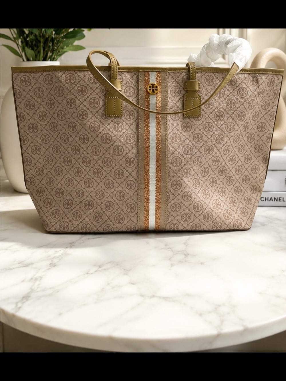 Tory Burch Beige Canvas & Leather Logo Tote with Trim